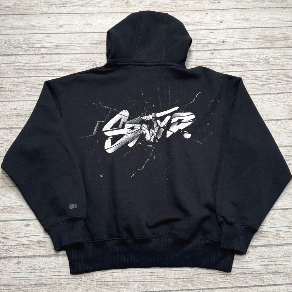 Pull&Bear STWD Hoodie Men's Large Black Relaxed Fit Fleece Pullover Sweatshirt